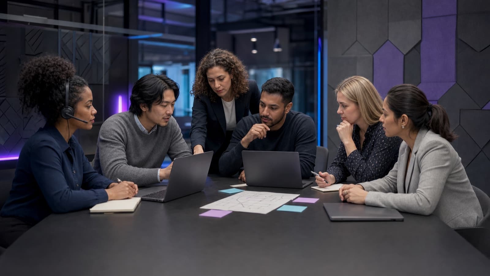 Illustrative enterprise scene of a cross-functional team collaborating around laptops