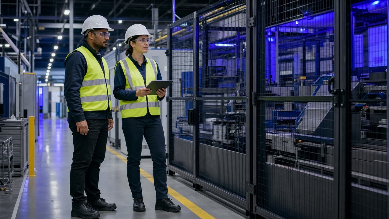 Illustrative manufacturing scene of two properly equipped specialists monitoring a guarded production line