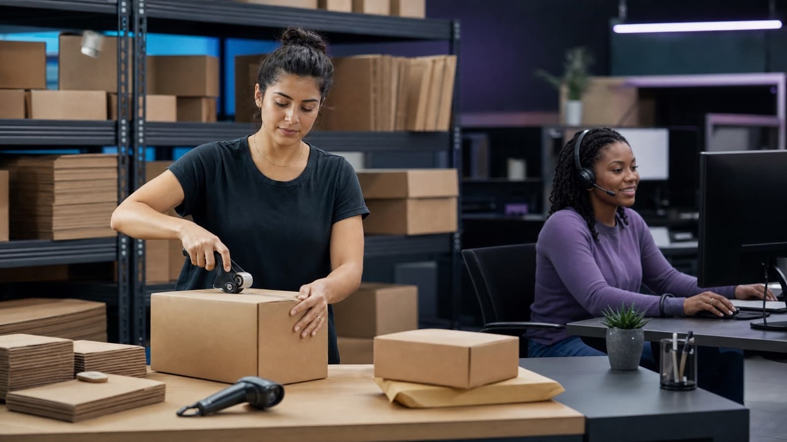 Illustrative retail and e-commerce scene combining order fulfillment with customer support
